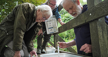 Group of older men monitoring water quality in a river.